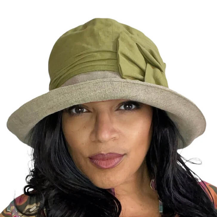 ladies sun hat in olive green and hessian brim
