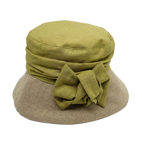ladies olive green and hessian sun hat with bow to one side