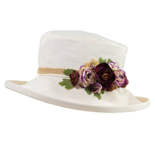ladies cream sun hat with purple mix flowers to side of hat with hessian trim round the crown