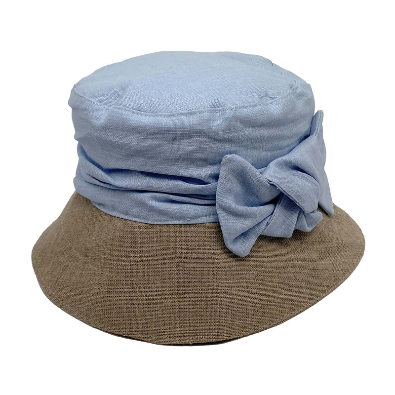 ladies sun hat with pale blue crown and bow with hessian brim