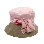 ladies sun hat with pale pink crown and bow and hessian brim