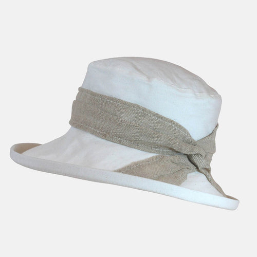 ladies cream linen sun hat with hessian band around the crown
