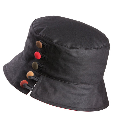 ladies black waxed bucket hat with brown  red and green buttons to one side with a split brim