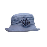 light blue ladies linen sun hat with flower accessory