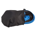 ladies black rain hat with royal blue trim shown in bag that it comes in