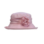 light pink ladies linen sun hat with flower accessory